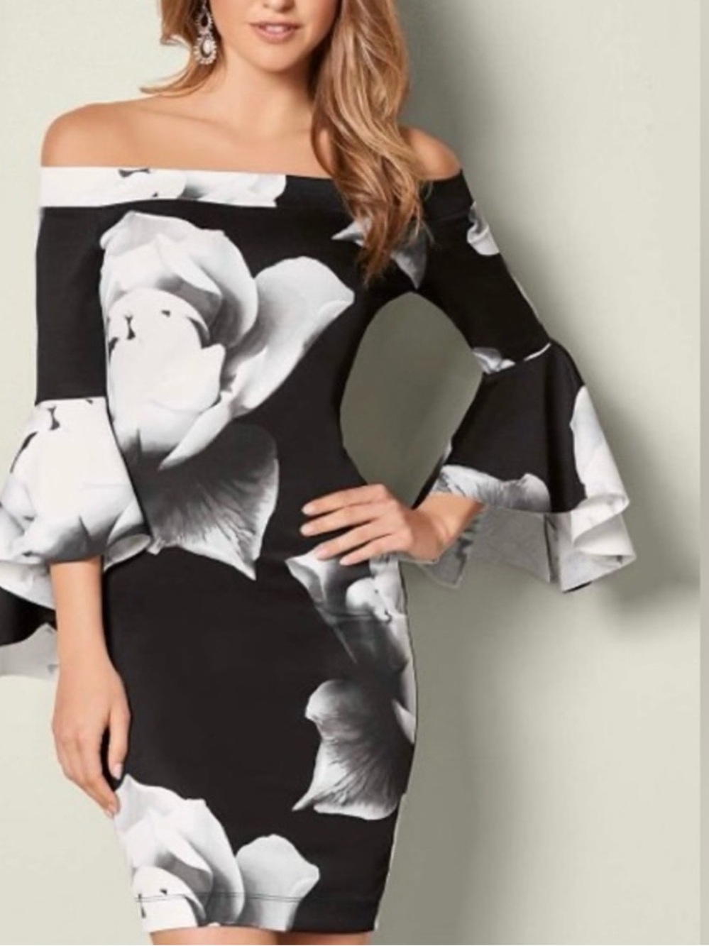 VENUS Black and White Off-Shoulder Floral Bell-Sleeve Dress